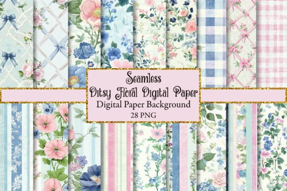 Download Pink &amp; Blue Ditsy Floral Digital Paper - Floral digital paper Collection